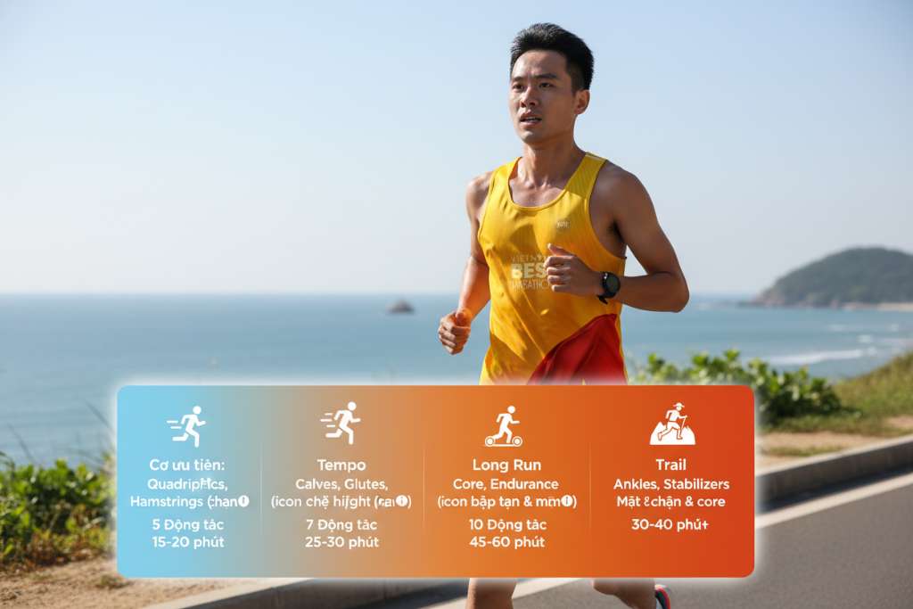 Infographic dạng bảng ngang 4 cột, mỗi cột đại diện một loại buổi chạy (Easy Run, Tempo, Long Run, Trail) với icon runner phía trên. Bên dưới mỗi cột liệt kê nhóm cơ ưu tiên kèm icon cơ thể highlight vùng tương ứng, số động tác và thời gian. Nền gradient từ xanh nhạt (easy) sang cam đậm (trail), phong cách modern flat design, dễ lưu về điện thoại.