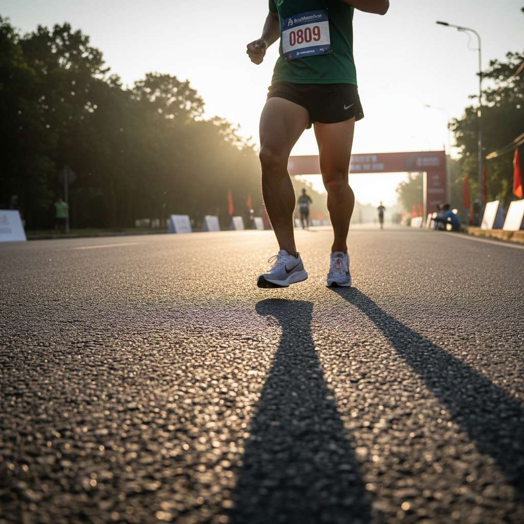 Hình minh họa cận cảnh đôi chân runner trên đường chạy dốc xuống, cơ bắp chân và cơ đùi trước căng cứng rõ nét, ánh nắng chiếu xiên tạo bóng đổ trên bề mặt đường nhựa, góc chụp thấp từ dưới lên, phong cách nhiếp ảnh thể thao action shot