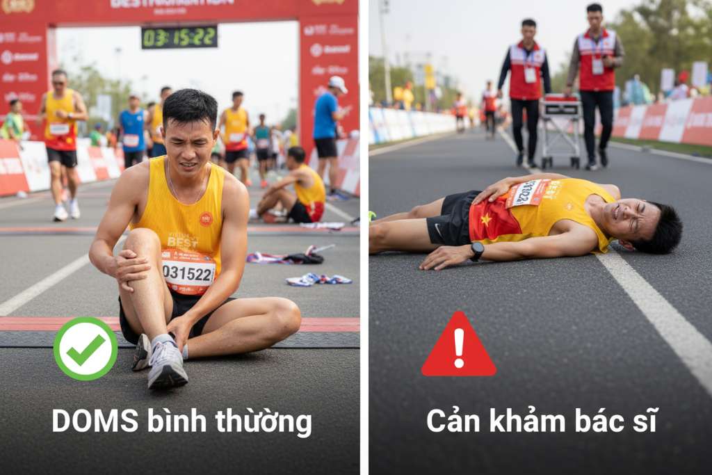 Infographic chia đôi màn hình: bên trái là runner cầm bắp chân với biểu tượng check xanh và dòng chữ 