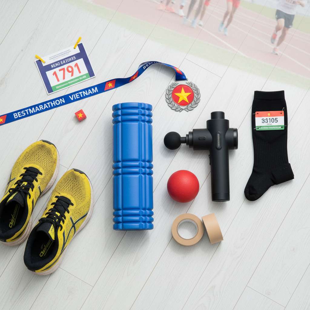 Bộ dụng cụ phục hồi sắp xếp gọn gàng trên sàn gỗ sáng màu: foam roller xanh dương, massage gun màu đen, đôi tất nén màu đen, bóng massage lacrosse, băng kinesiology màu da, bên cạnh là đôi giày chạy bộ, góc chụp flat lay từ trên xuống, ánh sáng studio mềm mại, phong cách product photography