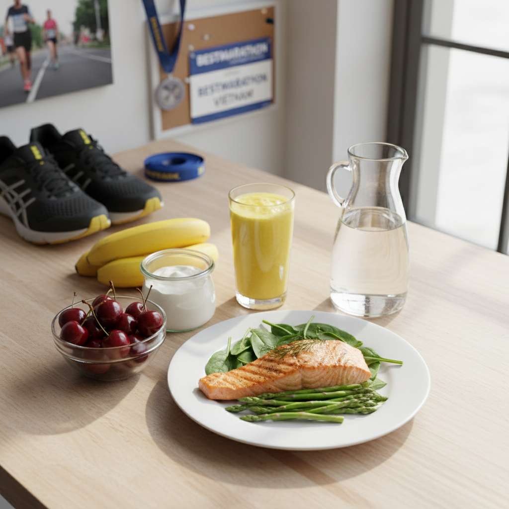 Bữa ăn phục hồi cho runner bày trên bàn gỗ tự nhiên: đĩa cá hồi nướng với rau xanh, bát cherry đỏ tươi, ly smoothie vàng nghệ, hũ sữa chua Hy Lạp, vài quả chuối, bình nước lọc, góc chụp 45 độ từ trên, ánh sáng tự nhiên từ cửa sổ bên phải, phong cách food photography tươi sáng