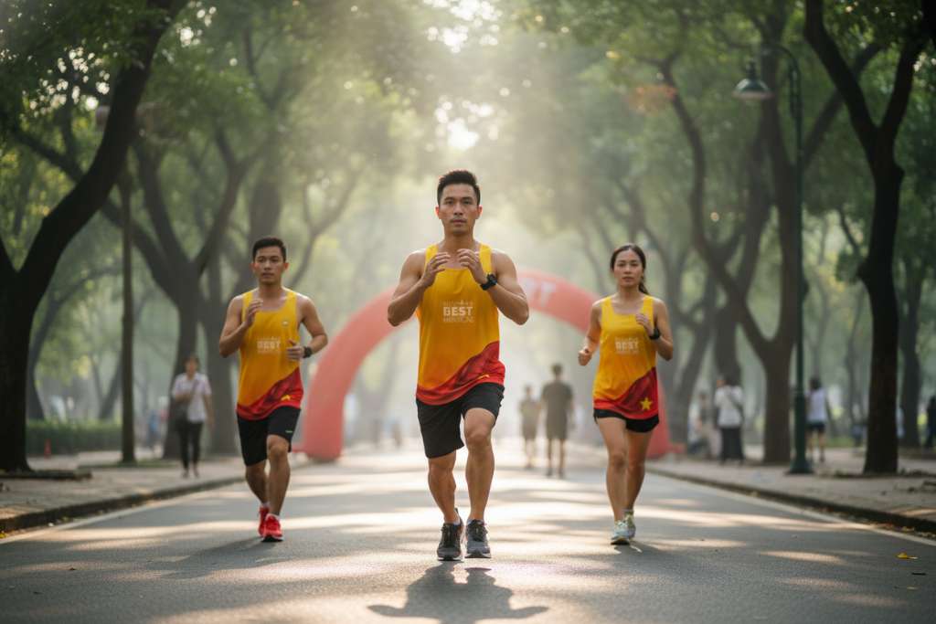 Nhóm 3-4 runner Việt Nam đang thực hiện dynamic warm-up trên đường chạy trong công viên Thống Nhất buổi sáng sớm, người đứng trước hướng dẫn động tác lunge walk, cây xanh hai bên đường, ánh nắng xuyên qua tán lá, góc chụp từ phía trước hơi thấp, phong cách nhiếp ảnh đời thường chân thực