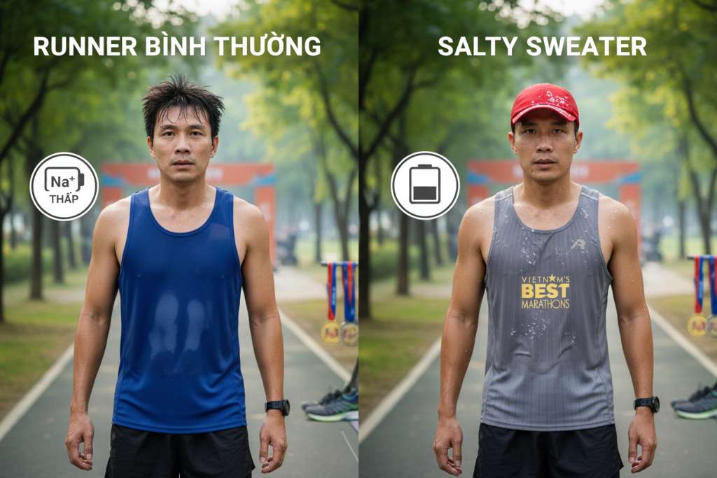 Infographic chia đôi màn hình so sánh hai runner nam Việt Nam sau buổi chạy dài. Bên trái — runner bình thường với áo chạy ướt đều, không vệt trắng, biểu tượng Na⁺ thấp. Bên phải — salty sweater với vệt muối trắng rõ trên viền mũ lưỡi trai, vùng ngực và lưng áo, biểu tượng Na⁺ cao. Nền công viên xanh buổi sáng, phong cách flat illustration kết hợp ảnh thực.