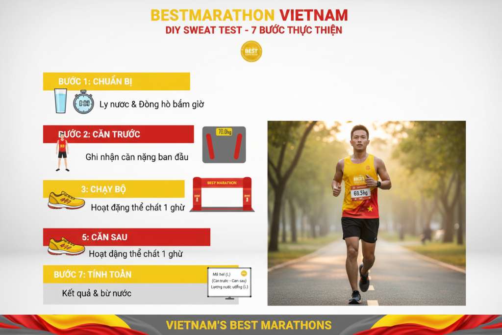Infographic dọc 7 bước thực hiện DIY sweat test, mỗi bước kèm icon minh họa rõ ràng — bước 1: ly nước và đồng hồ, bước 3: cân điện tử hiển thị 70.0kg, bước 5: runner Việt Nam đang chạy trên đường công viên buổi sáng, bước 7: công thức tính trên bảng trắng. Nền trắng sạch, font chữ đậm dễ đọc, phong cách infographic thể thao hiện đại.