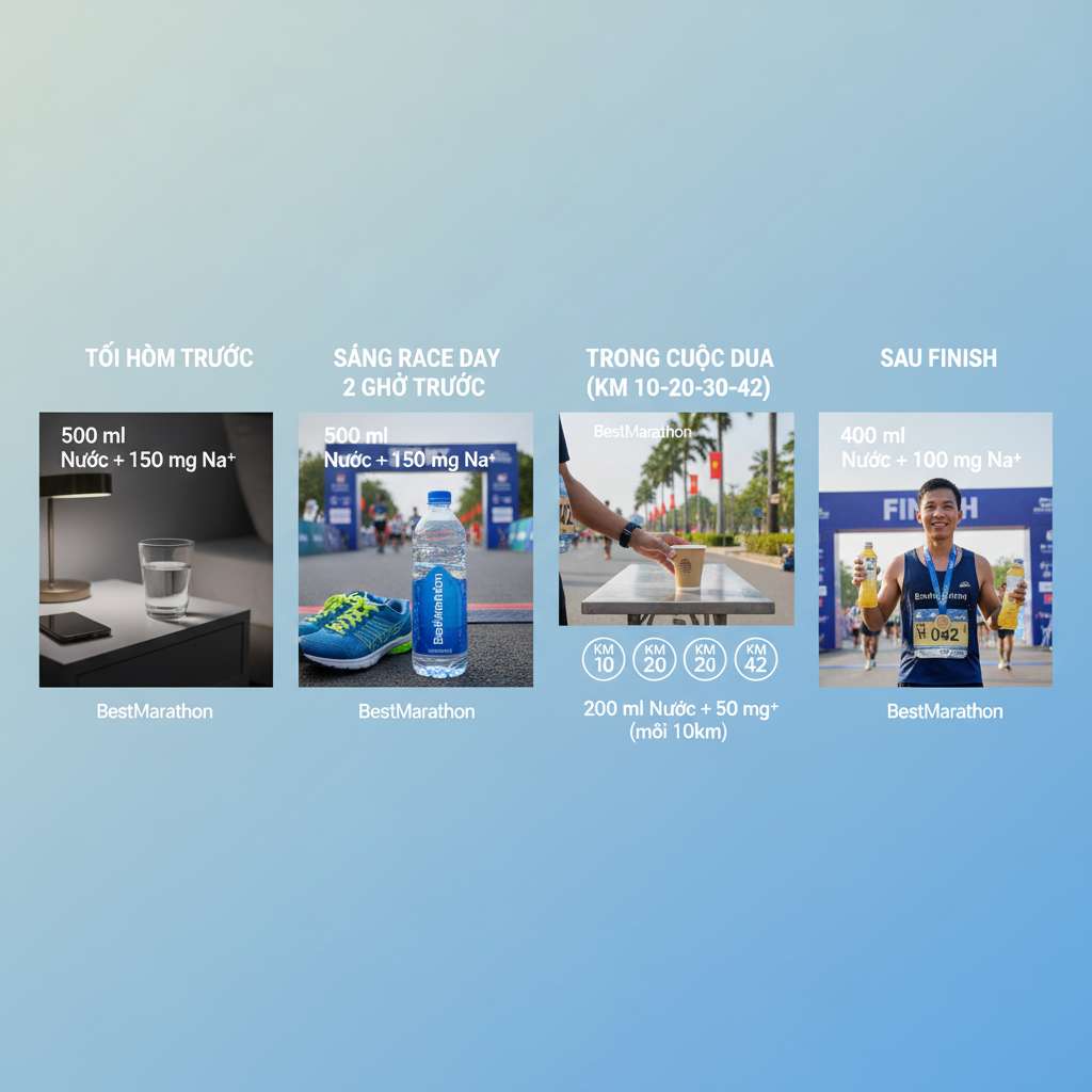 Timeline infographic ngang chia thành 4 giai đoạn bù nước ngày race marathon — tối hôm trước (ly nước trên bàn ngủ), sáng race day 2 giờ trước xuất phát (chai 500ml), trong cuộc đua chia theo km 10-20-30-42 (runner cầm cốc tại trạm nước), sau finish (chai recovery drink). Mỗi mốc ghi rõ ml nước và mg Na⁺. Phong cách đồ họa phẳng tông xanh dương-cam, nền gradient nhạt.