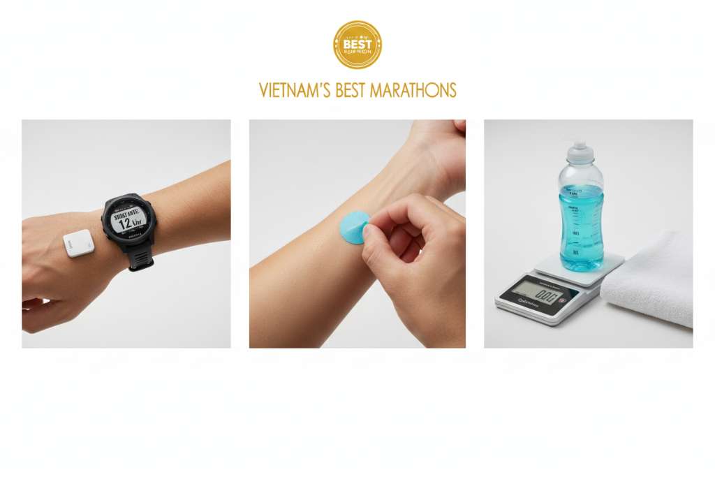 Ảnh ghép 3 phần ngang nhau trên nền trắng — trái: cánh tay runner gắn cảm biến Nix nhỏ màu trắng kết nối đồng hồ Garmin hiển thị sweat rate, giữa: bàn tay đang dán miếng Gatorade Gx hình tròn nhỏ lên cẳng tay, phải: bộ dụng cụ DIY gồm cân điện tử, chai nước có vạch ml và khăn trắng xếp gọn. Ánh sáng studio đều, phong cách product photography sạch sẽ.
