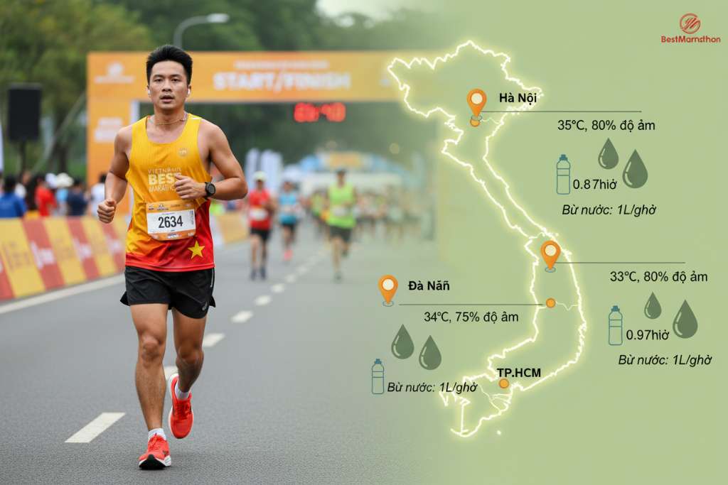 Bản đồ Việt Nam dạng infographic với 3 thành phố lớn được đánh dấu — Hà Nội (35°C, 80% độ ẩm), Đà Nẵng (34°C, 75% độ ẩm), TP.HCM (33°C, 78% độ ẩm). Mỗi thành phố kèm icon giọt mồ hôi cỡ khác nhau thể hiện sweat rate ước tính và dòng chữ khuyến nghị lượng bù nước. Nền xanh lá nhạt gradient, tông màu ấm, phong cách editorial infographic.