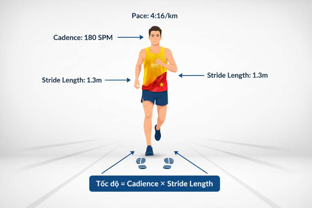 Infographic nền trắng sạch với hình vẽ vector một runner nam đang chạy ở giữa. Ba chỉ số được chú thích bằng mũi tên: 