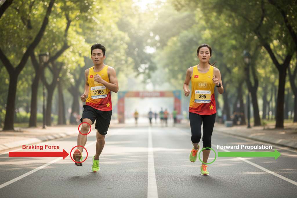 Hình minh họa so sánh song song hai runner trên cùng một đường chạy công viên. BÊN TRÁI: runner đang overstriding — chân trái vươn xa phía trước, gót chạm đất, cơ thể ngả sau, mũi tên đỏ lớn chỉ ngược chiều chạy kèm chữ 