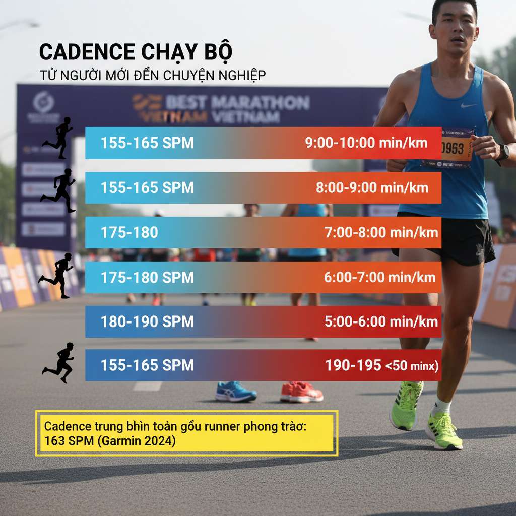 Infographic dạng thanh ngang (horizontal bar chart) trên nền trắng, thể hiện 6 dải cadence theo trình độ runner. Mỗi thanh có màu gradient từ xanh nhạt (người mới, 155–165 SPM) đến đỏ cam đậm (elite, 185–195 SPM). Bên trái mỗi thanh là icon silhouette runner nhỏ với tư thế chạy khác nhau. Bên phải ghi rõ dải SPM và pace tương ứng. Phía dưới cùng có dòng ghi chú: 