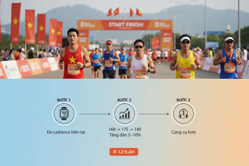 Hình minh họa lộ trình 3 bước tăng cadence theo dạng timeline ngang trên nền gradient nhạt từ xanh sang cam. BƯỚC 1 bên trái: icon đồng hồ GPS với số 