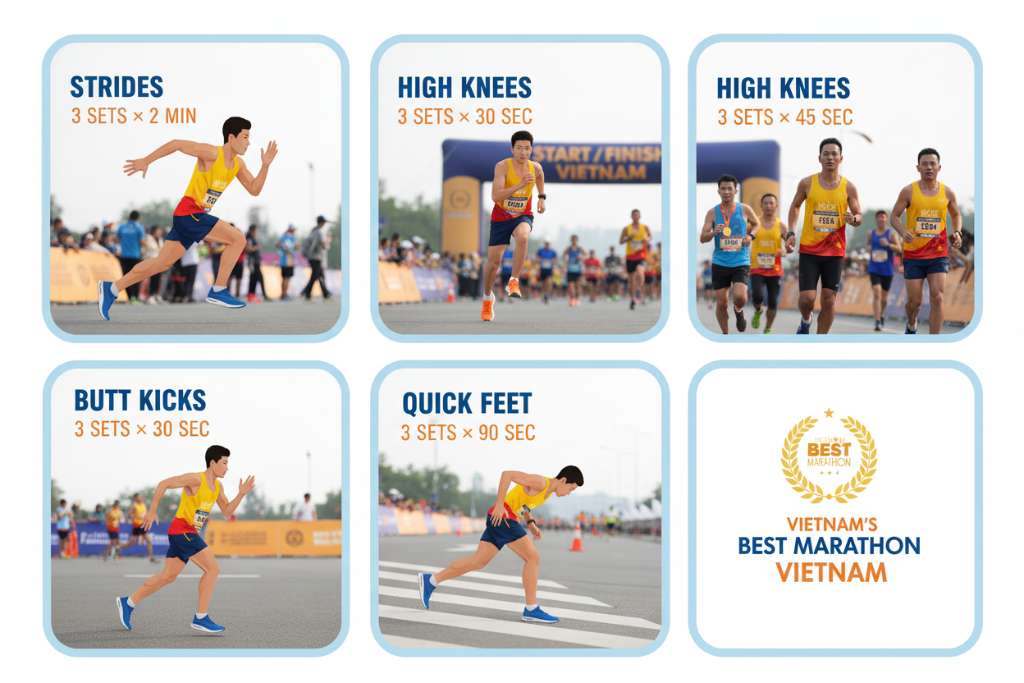 Hình minh họa 5 bài tập drill bố cục dạng grid 2 hàng. Mỗi ô chứa hình vẽ vector đơn giản một runner đang thực hiện bài tập tương ứng: Strides (chạy nhanh), High Knees (đầu gối cao), Butt Kicks (gót chạm mông), Quick Feet (bước nhỏ nhanh tại chỗ), Downhill Strides (chạy xuống dốc nhẹ). Mỗi ô có tên bài tập in đậm phía trên, số set × thời gian phía dưới bằng font nhỏ. Nền trắng, viền tròn nhẹ mỗi ô, tông xanh dương và cam. Phong cách flat design thể thao.