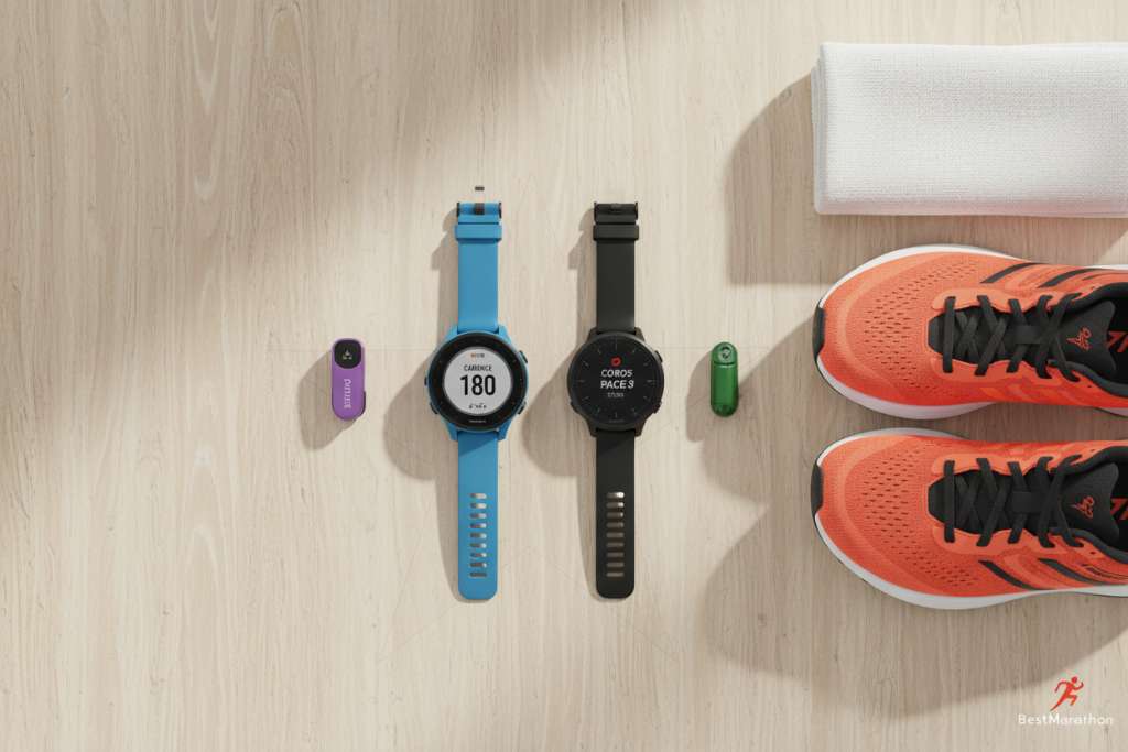 Hình flat lay trên nền bàn gỗ sáng màu, bày ra 4 thiết bị: đồng hồ Garmin Forerunner 265 (mặt xanh hiển thị cadence 