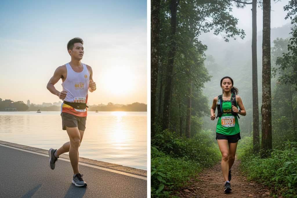 Ảnh split-frame chia đôi dọc. Bên trái: runner nam Việt Nam đeo đai bụng tube-style màu đen chạy trên đường ven hồ Tây Hà Nội, áo singlet trắng, nắng sớm phản chiếu trên mặt hồ. Bên phải: runner nữ mặc vest nước xanh lá chạy trên đường mòn núi Tà Năng, cây rừng nhiệt đới hai bên, sương mờ phía xa. Góc chụp 3/4 từ phía trước, ánh sáng tự nhiên, chất lượng cao.