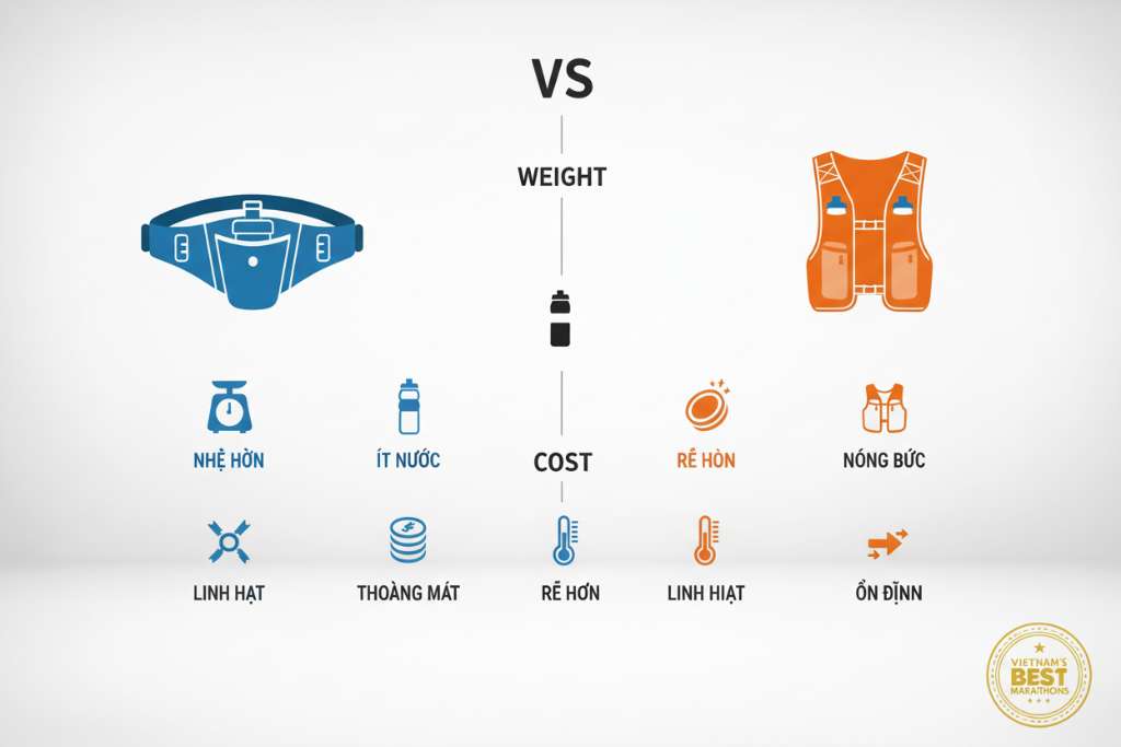 Infographic dạng versus trên nền trắng sạch. Bên trái icon đai đeo bụng màu xanh dương, bên phải icon vest nước màu cam. Ở giữa là các dòng so sánh với biểu tượng trực quan: cân nặng, bình nước, đồng tiền, nhiệt kế, mũi tên chuyển động. Phong cách đồ họa phẳng, hiện đại, có logo Vietnam's Best Marathon góc dưới phải.
