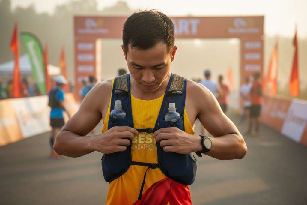 Ảnh close-up runner nam Việt Nam đang điều chỉnh dây sternum trên chiếc vest nước màu xanh đậm, 2 bình soft flask trong suốt gắn trước ngực. Background là khu vực xuất phát một giải chạy trail với banner, cờ phướn và runner khác đang khởi động. Ánh sáng sáng sớm, hơi sương nhẹ, góc chụp ngang tầm ngực, lấy nét vào tay và dây chỉnh vest.