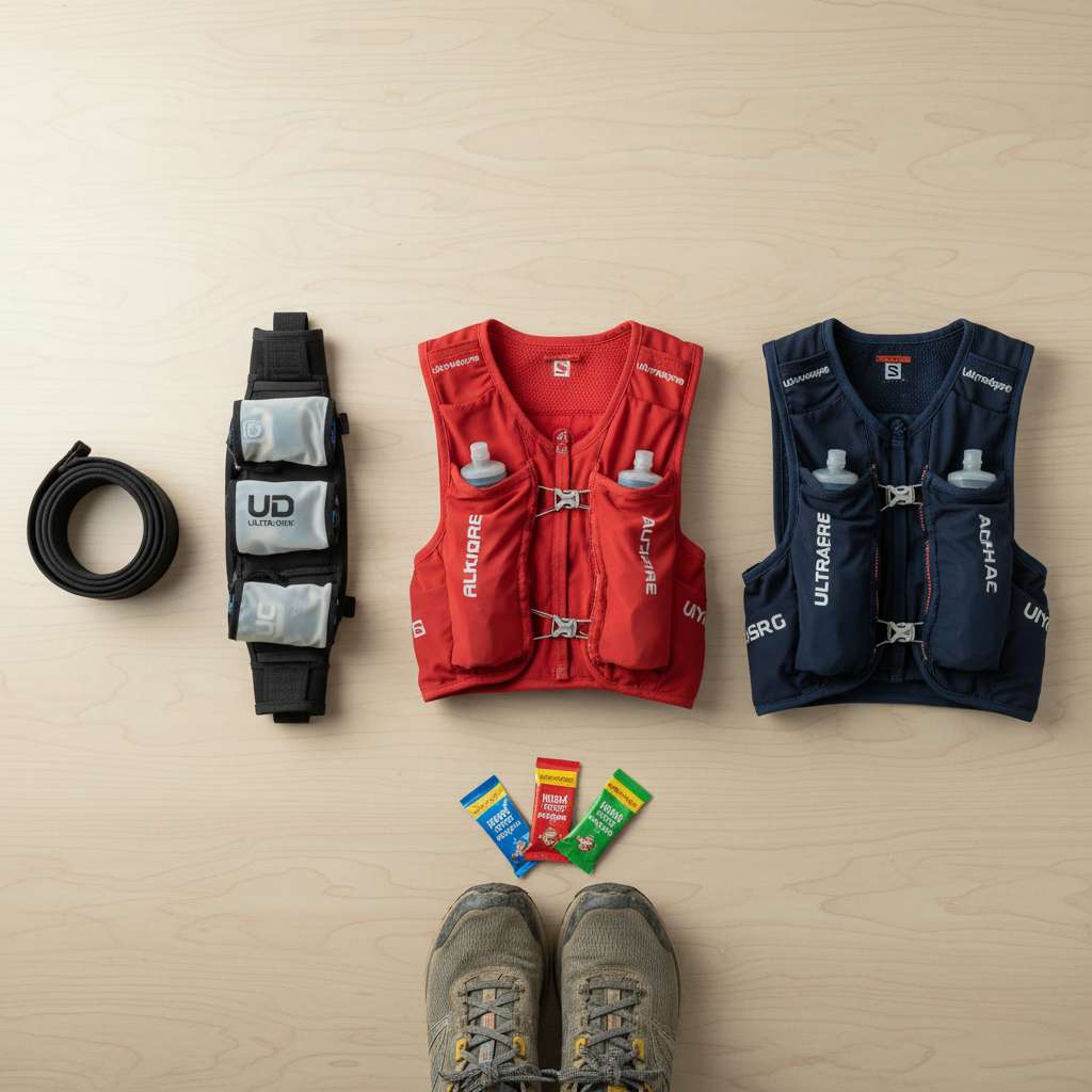 Ảnh flat-lay trên nền gỗ sáng, sắp xếp gọn gàng từ trái qua phải: đai Naked Running Band màu đen cuộn tròn, đai UD Ultra Belt với 2 flask, vest Salomon Adv Skin 5 màu đỏ gấp gọn, vest UltrAspire Alpha 6.0 màu xanh navy. Phía dưới là đôi giày trail và 3 gói gel năng lượng. Ánh sáng studio tự nhiên từ trên xuống, bóng đổ nhẹ, phong cách product photography sạch sẽ.