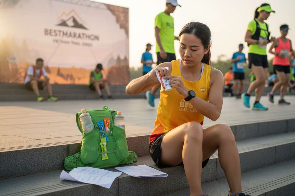 Ảnh runner nữ Việt Nam ngồi trên bậc tam cấp tại khu vực chuẩn bị trước giải chạy, đang bôi BodyGlide lên vùng vai. Bên cạnh là vest nước màu xanh lá đã gắn sẵn 2 flask đông lạnh có đọng sương, 3 gói gel, và checklist mandatory gear in trên giấy. Background có banner giải chạy trail và runner khác đang khởi động. Ánh nắng sớm ấm, góc chụp từ trên nghiêng xuống 45 độ.