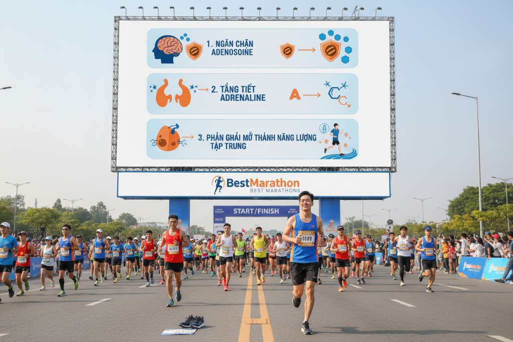 Infographic dọc minh họa 4 cơ chế caffeine tác động lên cơ thể runner: phần trên cùng là hình não bộ với icon adenosine bị chặn, tiếp theo là hình tuyến thượng thận tiết adrenaline, sau đó là hình tế bào mỡ đang phân giải, cuối cùng là hình runner với biểu cảm thoải mái chạy trên đường. Mỗi phần có icon minh họa rõ ràng, nền trắng, font chữ tiếng Việt, tông màu xanh dương-cam thể thao. Phong cách flat design chuyên nghiệp.