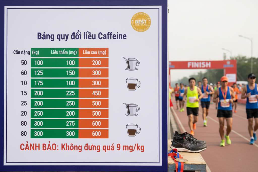 Bảng quy đổi liều caffeine thiết kế dạng poster thể thao. Bên trái là cột cân nặng từ 50-80kg, giữa là hai cột liều thấp (xanh lá) và liều cao (cam), bên phải là icon ly cà phê phin tương đương. Phía dưới có dòng cảnh báo đỏ: 