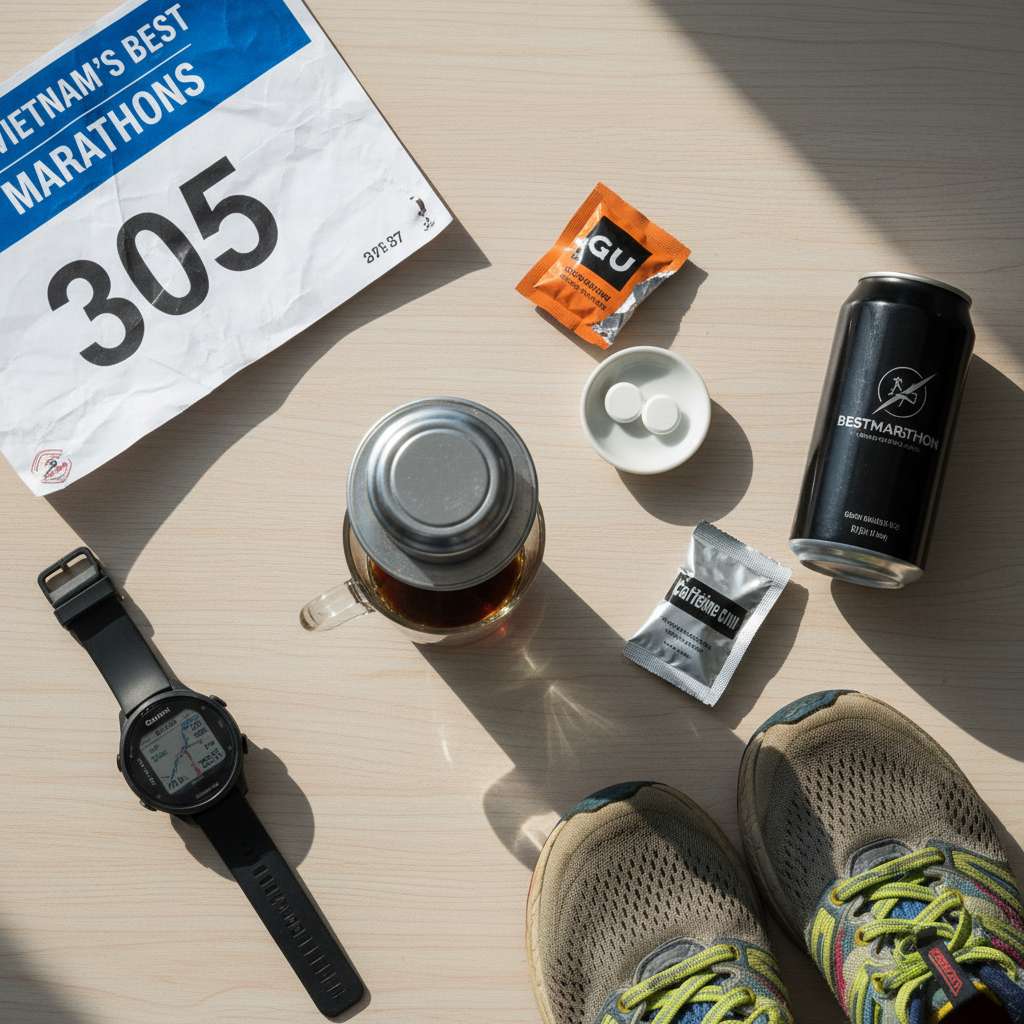 Ảnh flat-lay chụp từ trên xuống trên mặt bàn gỗ sáng: một ly cà phê phin Việt Nam đang nhỏ giọt, bên cạnh là 2 viên caffeine trắng trên đĩa nhỏ, 1 gói gel năng lượng GU màu cam đã xé nửa, 1 miếng caffeine gum trong bao bì, và 1 lon energy drink. Xung quanh rải rác là bib số giải chạy, đồng hồ GPS Garmin, và đôi giày chạy. Ánh sáng tự nhiên buổi sáng, bóng mềm, phong cách lifestyle photography. Chất lượng cao, sắc nét.