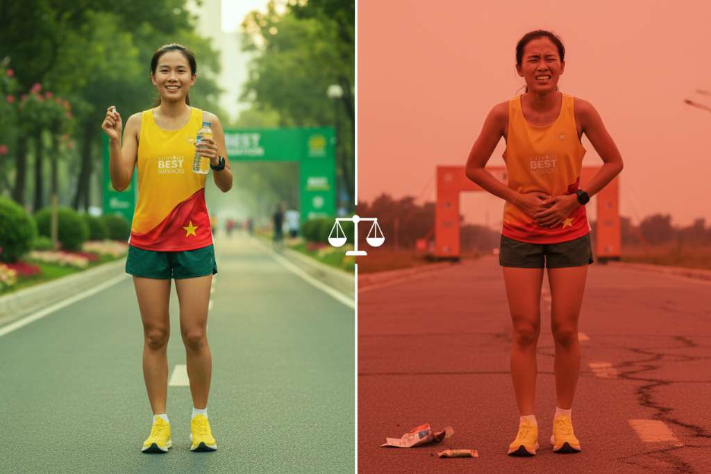 Ảnh chia đôi theo chiều dọc. Bên trái (tông xanh lá, tích cực): runner nữ Việt Nam đang cầm viên caffeine với ly nước, mỉm cười tự tin, mặc áo chạy bộ, đứng trước backdrop công viên buổi sáng. Bên phải (tông đỏ cam, cảnh báo): cùng runner đó nhưng biểu cảm khó chịu, tay đặt lên bụng, gợi ý đau bụng khi chạy. Giữa hai phần là đường chia với icon cân bằng. Góc chụp ngang tầm mắt, ánh sáng tự nhiên, phong cách editorial photography.