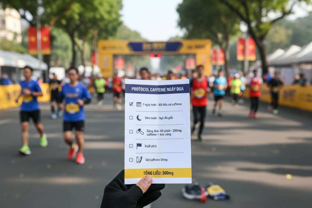 Infographic dọc dạng checklist ngày đua marathon. Phía trên là tiêu đề 