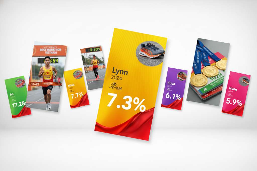 Layout dạng 5 thẻ card nghiên cứu xếp so le trên nền xám nhạt. Mỗi card có viền trái màu khác nhau (xanh, cam, tím, vàng, hồng), gồm: tên tác giả in đậm, năm xuất bản, icon cự ly (đường chạy 5km/800m/10km), và con số kết quả nổi bật (17.28s, 7.3%, 7.7%). Card lớn nhất ở giữa là Lynn 2024. Phong cách academic nhưng hiện đại, font sans-serif, dễ đọc trên mobile.