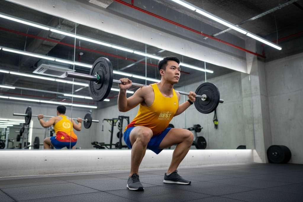 Một runner nam châu Á đang thực hiện bài barbell squat trong phòng gym với gương lớn phía sau phản chiếu form tập. Anh mặc áo thun trắng, quần short chạy bộ xanh dương, đi giày tập đế phẳng. Thanh tạ trên vai có tải vừa phải. Nền phòng gym tông xám công nghiệp, ánh sáng đèn LED trắng từ trần. Góc chụp 3/4 từ bên phải, lấy nét vào tư thế squat sâu song song với đùi.