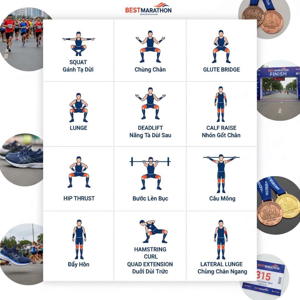 Infographic dạng lưới 2x5 trên nền trắng, minh họa 10 bài tập thân dưới cho runner. Mỗi ô chứa hình vẽ vector phong cách thể thao của một người đang thực hiện bài tập (squat, lunge, deadlift, calf raise, glute bridge...) với tên bài tập bằng tiếng Việt bên dưới và nhóm cơ được highlight màu đỏ cam trên cơ thể. Tông màu xanh navy và cam thể thao, font chữ sans-serif hiện đại.