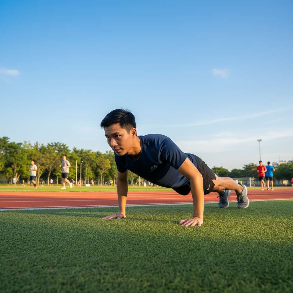 Một runner nam châu Á đang thực hiện bài push-up trên sàn cỏ nhân tạo trong công viên thể thao, mặc áo thun xanh navy và quần short đen. Phía xa là đường chạy bộ oval với vài runner khác đang chạy. Cây xanh và bầu trời trong xanh phía sau. Góc chụp thấp ngang mặt đất nhìn ngang, nhấn mạnh form push-up chuẩn với thân thẳng. Ánh sáng buổi chiều vàng ấm.