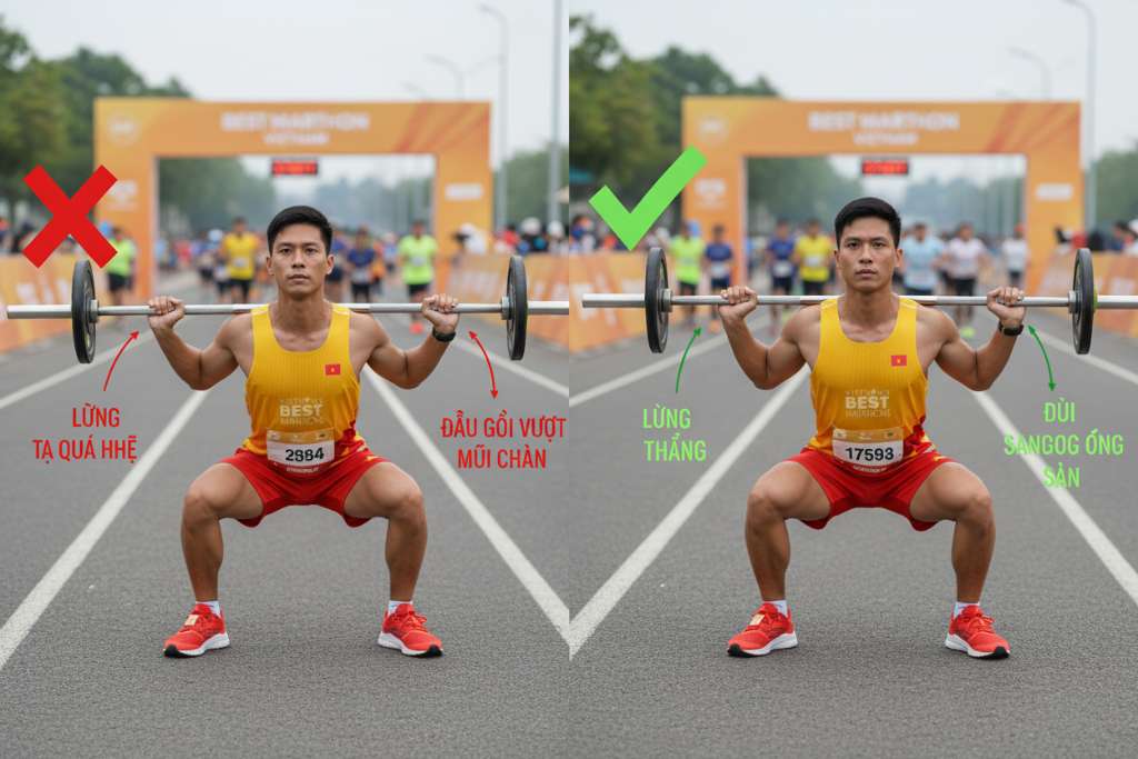 Hình minh họa chia đôi màn hình theo chiều dọc, bên trái có dấu X đỏ thể hiện tư thế squat sai (đầu gối vượt quá mũi chân, lưng cong, tạ quá nhẹ), bên phải có dấu check xanh thể hiện tư thế squat đúng (lưng thẳng, đùi song song sàn, tải phù hợp). Phong cách vector art sạch sẽ, nền xám nhạt, nhãn chú thích bằng tiếng Việt cho từng điểm sai/đúng.