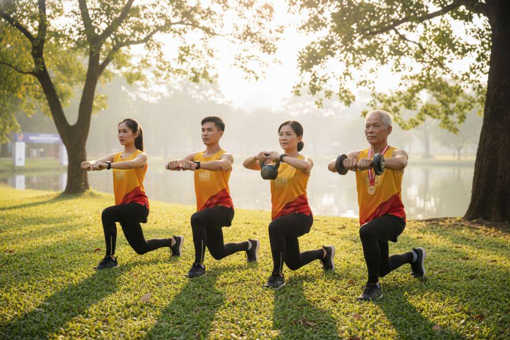Nhóm 4 runner đa dạng (một nam trẻ, một nữ trung niên, một nam lớn tuổi, một nữ trẻ mặc áo trail running) đang cùng tập lunge trong công viên ven hồ vào buổi sáng sớm. Cỏ xanh, nắng nhẹ xuyên qua tán cây. Mỗi người có mức tạ khác nhau (bodyweight, tạ nhẹ, tạ nặng hơn). Biểu cảm tập trung và thoải mái. Góc chụp rộng, phong cách lifestyle thể thao.