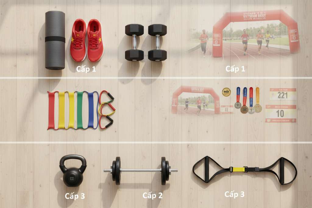 Flat-lay nhìn từ trên xuống trên sàn gỗ sáng màu, chia thành 3 vùng được đánh dấu bằng nhãn 