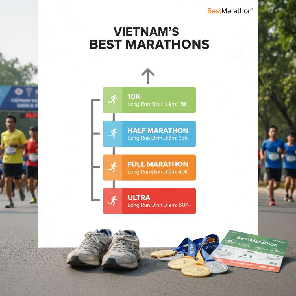 Infographic dọc thể hiện 4 mục tiêu giải đua (10K, Half Marathon, Full Marathon, Ultra) với cự ly long run đỉnh điểm tương ứng. Mỗi mục tiêu là một card màu riêng biệt (xanh lá, xanh dương, cam, đỏ) có icon runner đang chạy. Mũi tên tăng dần từ trên xuống dưới. Nền trắng sạch, typography hiện đại, phong cách flat design chuyên nghiệp.