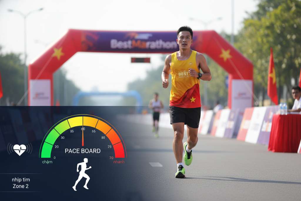 Bảng pace long run thiết kế dạng speedometer bán nguyệt với 6 vùng màu gradient từ xanh lá (chậm) đến đỏ (nhanh). Bên cạnh là biểu tượng nhịp tim Zone 2 đang nhấp nháy. Phía dưới có silhouette runner đang chạy ở tư thế thư giãn. Nền tối gradient xanh đen, chữ trắng dễ đọc, phong cách dashboard thể thao hiện đại.