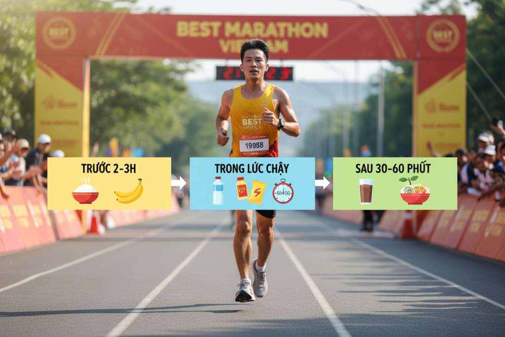 Timeline ngang chia 3 giai đoạn dinh dưỡng long run. Bên trái