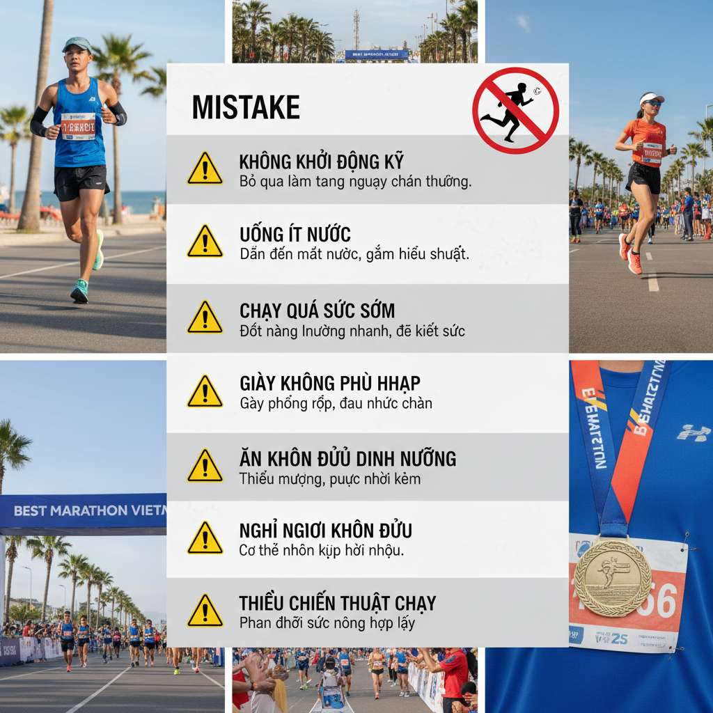 Layout dạng checklist 7 mục trên nền trắng. Mỗi mục có icon cảnh báo tam giác vàng bên trái, tiêu đề sai lầm in đậm và mô tả ngắn bên phải. Các mục xếp dọc cách đều, xen kẽ nền trắng và xám nhạt để dễ đọc. Góc trên phải có biểu tượng runner với dấu X đỏ. Phong cách clean, editorial, typography sans-serif hiện đại.