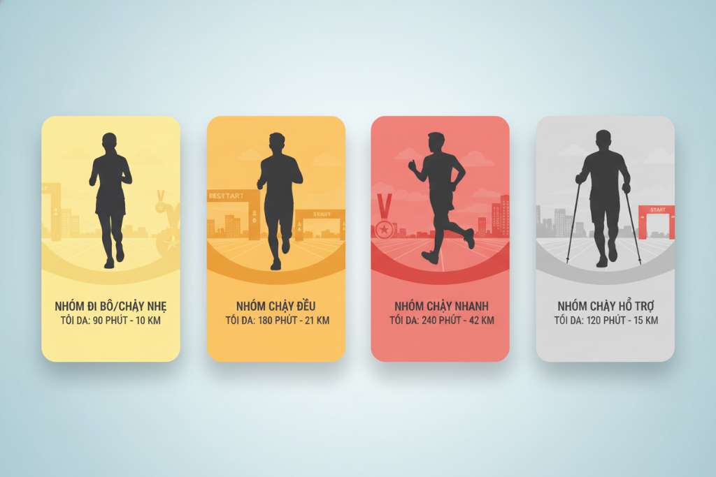 Bốn profile card xếp ngang trên nền gradient xanh dương nhạt. Mỗi card có silhouette runner ở tư thế khác nhau (đi bộ xen chạy, chạy đều, chạy nhanh, chạy với gậy hỗ trợ), kèm nhãn nhóm runner, thời lượng và cự ly tối đa. Card viền tròn góc, bóng đổ nhẹ. Phong cách modern UI card design, màu pastel phân biệt mỗi nhóm.