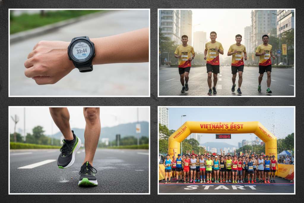 Collage 4 ô vuông trên nền tối. Ô 1: cận cảnh đồng hồ Garmin hiển thị nhịp tim Zone 2 trên cổ tay runner. Ô 2: nhóm runner Việt Nam mặc áo CLB chạy nhóm buổi sáng trên phố. Ô 3: đôi giày carbon plate chạy bộ trên đường nhựa, góc nghiêng thấp. Ô 4: banner giải chạy marathon Việt Nam với đám đông runner ở vạch xuất phát. Phong cách editorial magazine, tông màu thể thao năng động, mỗi ô có viền trắng mỏng.