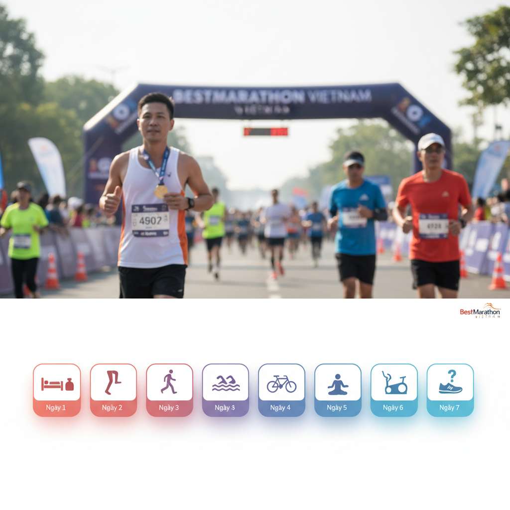 Bảng lịch trình dạng timeline ngang 7 ngày, mỗi ngày là một ô vuông bo tròn với icon minh họa: ngày 1 — giường ngủ + túi đá, ngày 2 — đôi chân đi bộ, ngày 3 — bể bơi, ngày 4 — xe đạp, ngày 5 — tư thế yoga, ngày 6 — elliptical, ngày 7 — giày chạy với dấu hỏi. Dải màu gradient từ đỏ nhạt (nghỉ hoàn toàn) sang xanh nhạt (bắt đầu vận động nhẹ). Nền trắng, phong cách flat design hiện đại.