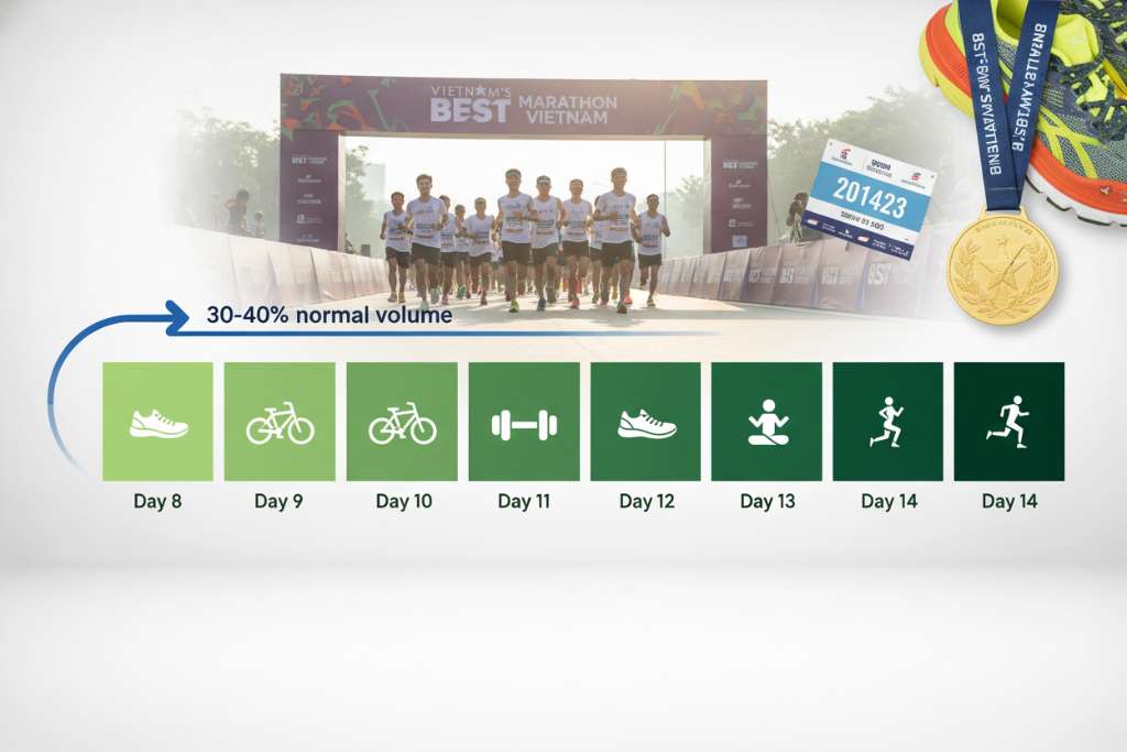 Timeline ngang 7 ngày (ngày 8-14), thiết kế tương tự tuần 1 nhưng tông màu xanh lá nhạt sang xanh đậm, thể hiện sự tăng dần cường độ. Icon mỗi ngày: giày chạy nhẹ, xe đạp, tạ bodyweight nhẹ, tư thế nghỉ yoga, runner đang chạy strides. Có mũi tên cong phía trên ghi 