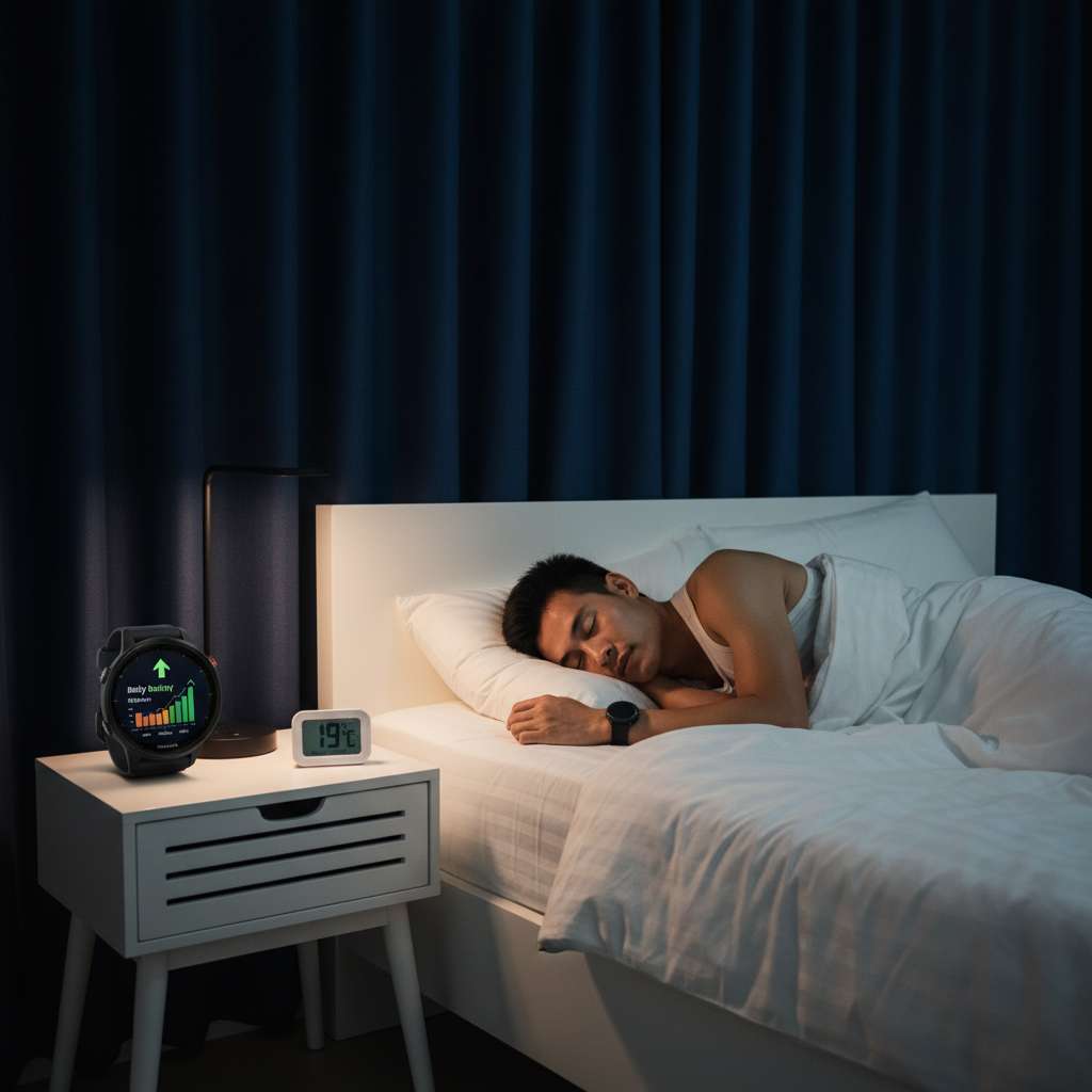 Phòng ngủ tối giản, thoáng mát với một runner nam Việt Nam đang ngủ say trên giường trắng sạch. Trên tủ đầu giường có đồng hồ Garmin hiển thị chỉ số Body Battery đang tăng và biểu đồ giấc ngủ sâu. Nhiệt kế phòng chỉ 19°C. Rèm cửa dày che tối hoàn toàn. Ánh sáng rất nhẹ từ đèn ngủ, tạo không khí yên bình, phục hồi. Tông màu xanh navy đậm và trắng.