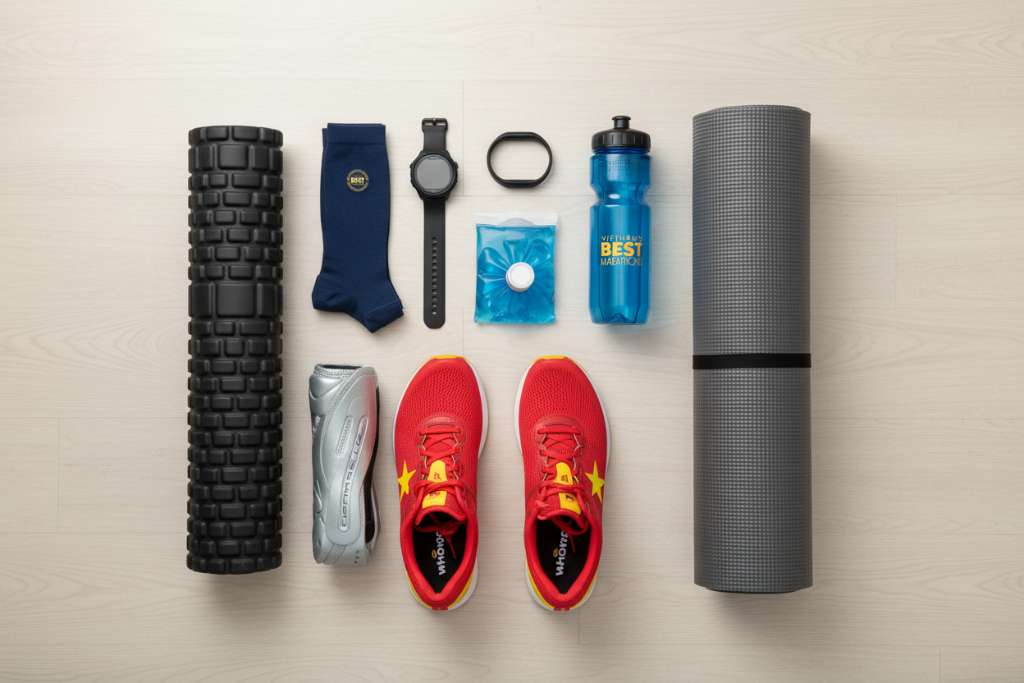 Flat-lay trên nền gỗ sáng: bộ công cụ phục hồi runner sắp xếp gọn gàng gồm foam roller đen, đôi vớ nén compression xanh dương, Normatec boots bạc, đồng hồ Garmin Forerunner, Whoop band đen, túi chườm đá gel, thảm yoga xám. Bên cạnh có đôi giày chạy và chai nước thể thao. Ánh sáng studio đều, góc chụp top-down, phong cách product photography sạch sẽ.