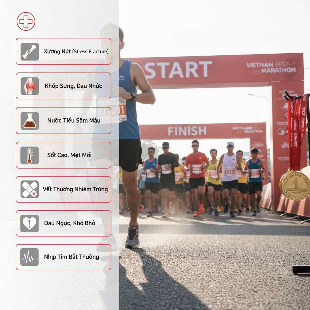 Infographic dọc nền trắng với 7 ô cảnh báo viền đỏ, mỗi ô có icon y tế minh họa: xương nứt (stress fracture), khớp sưng đỏ, lọ nước tiểu sẫm màu, nhiệt kế sốt, vết thương nhiễm trùng, trái tim với dấu chấm than, biểu đồ nhịp tim cao. Mỗi icon kèm text ngắn gọn 1 dòng. Góc trên có logo chữ thập đỏ. Typography rõ ràng, phong cách y tế hiện đại, tông đỏ-trắng-xám.