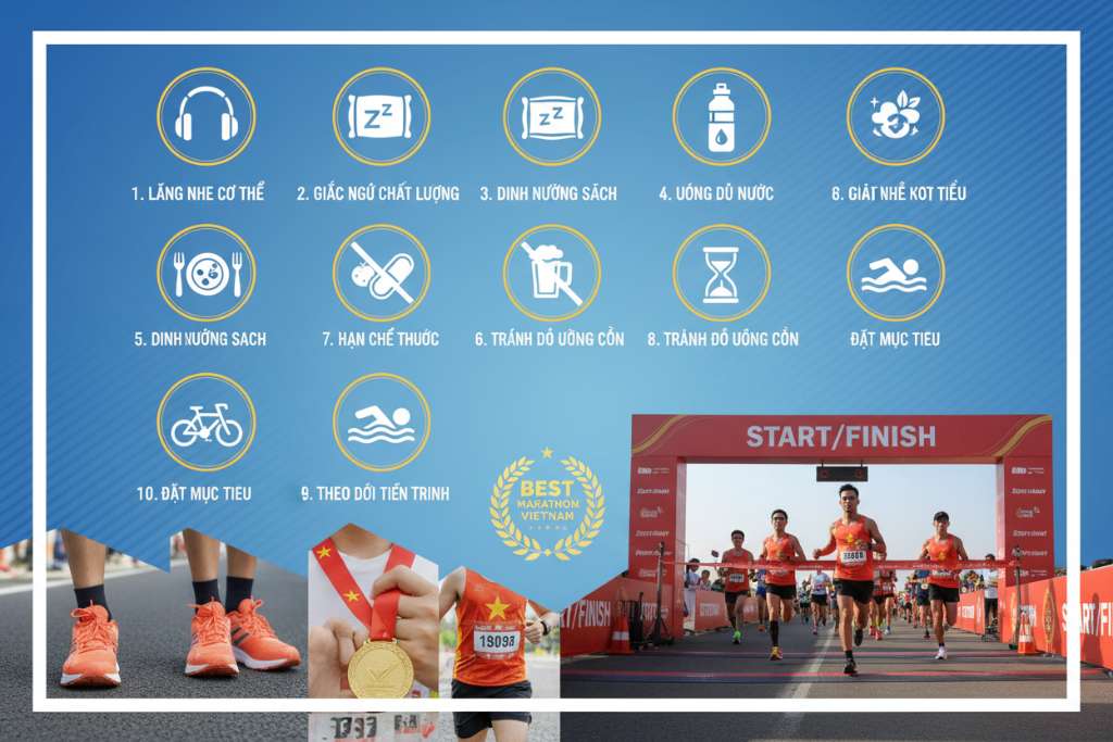 Infographic dọc với 10 ô tròn được đánh số từ 1-10, mỗi ô có icon đại diện sinh động: tai nghe (lắng nghe cơ thể), gối ngủ, đĩa ăn healthy, chai nước, viên thuốc bị gạch chéo, cốc bia bị gạch chéo, đồng hồ cát, xe đạp + bể bơi, đồng hồ thông minh, ngôi sao mục tiêu. Nền gradient xanh dương nhạt, typography đậm rõ ràng, phong cách motivational poster cho runner.