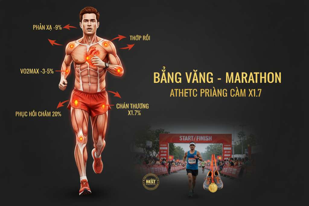 Minh họa sơ đồ cơ thể runner nam đang trong tư thế chạy, nhìn từ phía trước, trên nền tối xám đen. Các vùng bị ảnh hưởng bởi thiếu ngủ được highlight bằng màu đỏ cam: não (ghi 