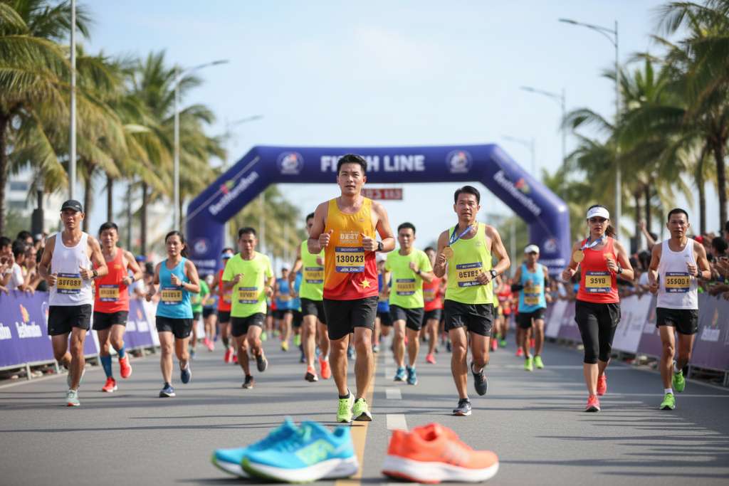 Sơ đồ ngang minh họa 1 chu kỳ giấc ngủ 90 phút trên nền xanh navy đậm. Trục X là thời gian, trục Y là độ sâu giấc ngủ. 4 giai đoạn N1 (xám nhạt), N2 (xanh nhạt), N3/Deep Sleep (xanh đậm, highlight lớn với icon cơ bắp + chữ 