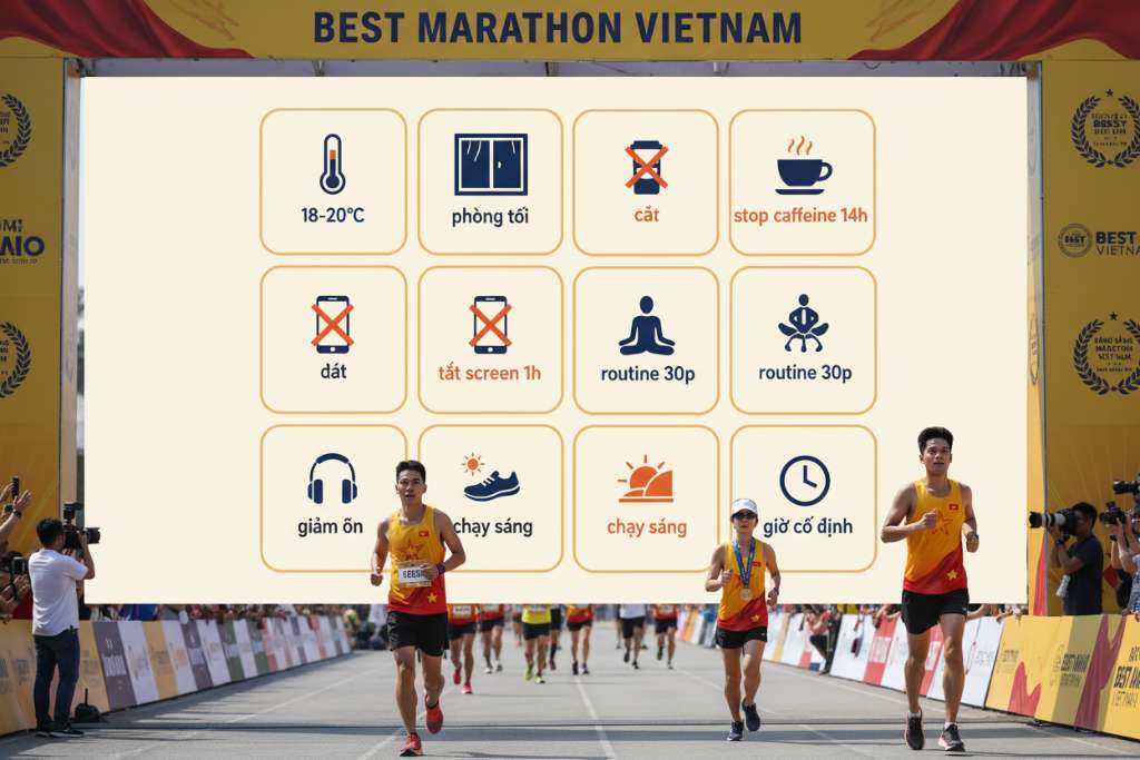 Infographic dạng grid 2x4 trên nền trắng ngà. 8 ô vuông bo góc, mỗi ô chứa 1 icon minh họa và text ngắn: (1) nhiệt kế xanh 