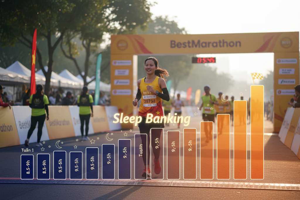 Timeline ngang minh họa 14 ngày trước race day, từ trái sang phải trên nền gradient xanh navy sang cam bình minh. Mỗi ngày là 1 cột nhỏ, chiều cao cột thể hiện số giờ ngủ tăng dần. Tuần 1 (cột thấp hơn, nhãn 